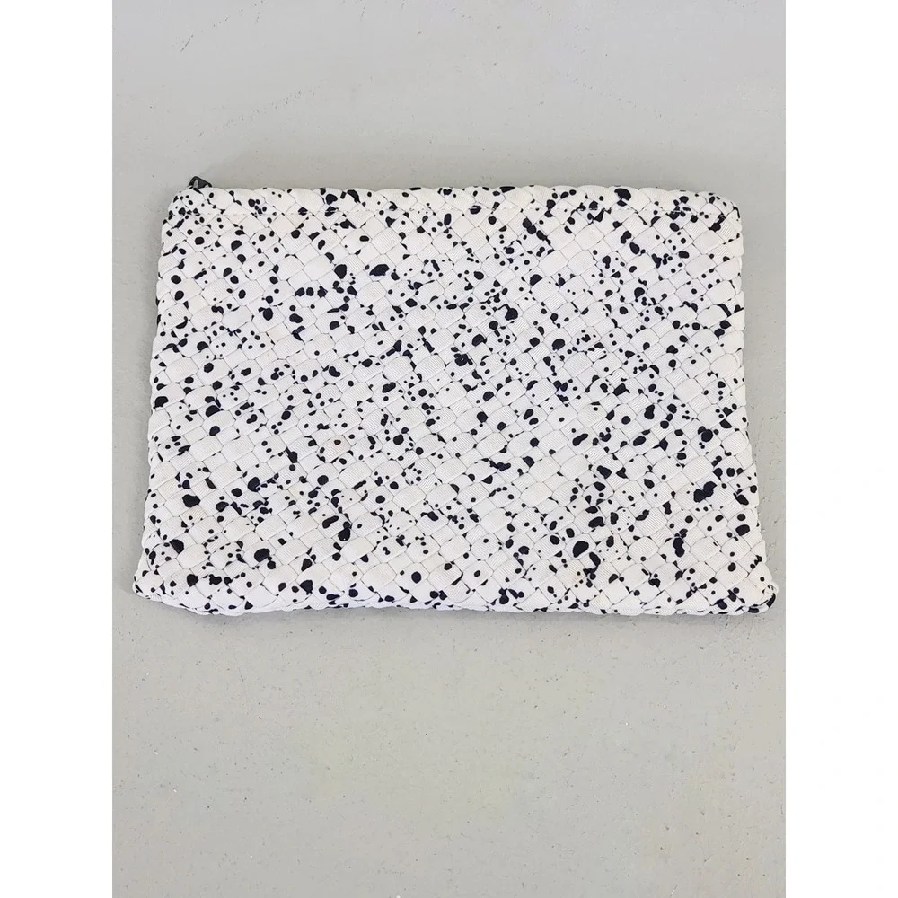 Naghedi Woven Neoprene Pouch Women Small White Black Ink Splatter Print Luxury